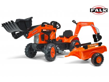 Falk šlapací traktor 2065N Kubota backhoe s předním bagrem a přívěsem s otočným bagrem