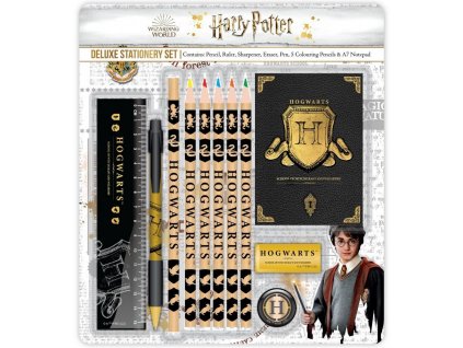 Set 11 školních a psacích pomůcek Harry Potter: Štít Bradavic (sešit, pravítko, tužka, propiska, pastelky, ořezávátko, guma)