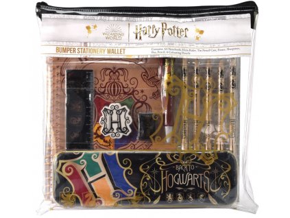 Set školních potřeb Harry Potter: Barevný znak (blok, propiska, tužka, pastelky, ořezávátko, pravítko, guma, plechové pouzdro)