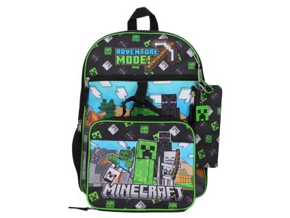 Školní batoh Minecraft s příslušenstvím - svačinový box - penál - přívěšek na klíče - karabina (objem batohu 12 litrů | 29 x 41 x 10 cm)