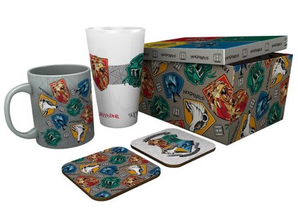 Dárkový set Harry Potter: Bradavické koleje (objem sklenice 500 ml, hrnek 300 ml, 2 tácky 10 x 10 cm)