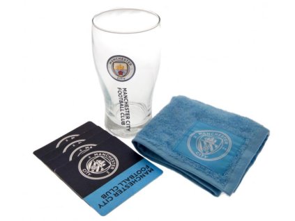 Bar set sklenice s tácky a ručníkem FC Manchester City: Wordmark (objem 470 ml)