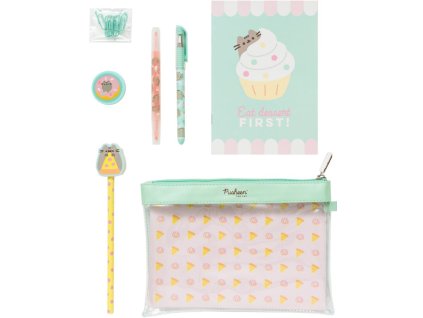 Set 6 školních pomůcek Pusheen: Foodie (sešit A5, pero, zvýrazňovač, tužka, ořezávátko, spony)