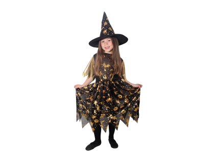 Dětský kostým čarodějnice černo-zlatá s kloboukem (S)