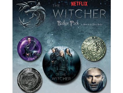 Set 5 placek - odznaků Netflix | The Witcher | Zaklínač: Design (průměr 2,5 cm | 3,8 cm)