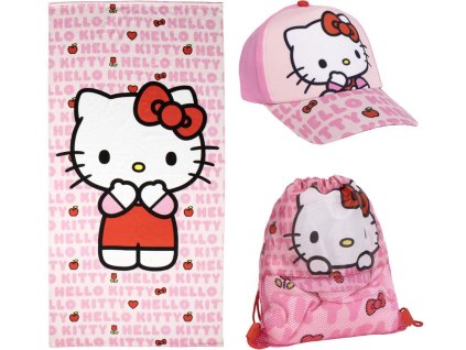 Ručník - osuška s kšiltovkou a pytlíkem Hello Kitty: Kitty s červenou mašlí (70 x 140 cm)