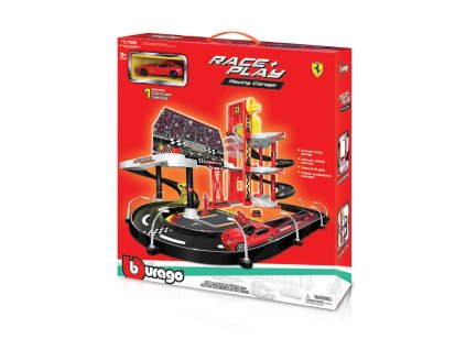 Bburago - FERRARI RACE+PLAY, Garáž se závodní dráhou + autíčko, 1:43