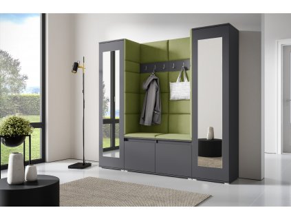 Předsíňová stěna s čalouněnými panely MONTANA 31 - Grafit / Olivová 2312