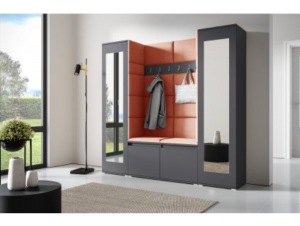 Předsíňová stěna s čalouněnými panely MONTANA 31 - Grafit / Oranžová 2317