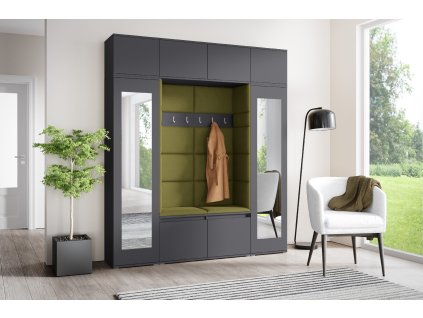 Předsíňová stěna s čalouněnými panely OREGON 32 - Grafit / Khaki zelená 2327