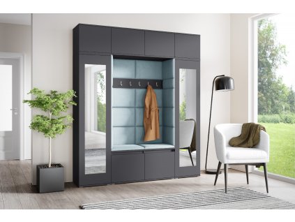 Předsíňová stěna s čalouněnými panely OREGON 32 - Grafit / Světlá modrá 2322