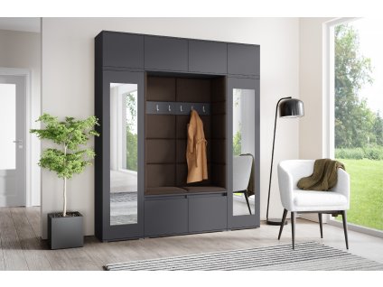 Předsíňová stěna s čalouněnými panely OREGON 32 - Grafit / Tmavá hnědá 2308