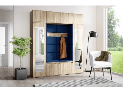 Předsíňová stěna s čalouněnými panely OREGON 32 - Sonoma / Tmavá modrá 2331