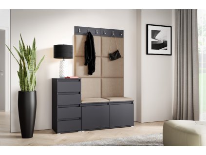 Předsíňová stěna s čalouněnými panely NEBRASKA 34 - Grafit / Béžová 2304