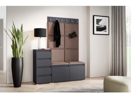 Předsíňová stěna s čalouněnými panely NEBRASKA 34 - Grafit / Světlá hnědá 2306