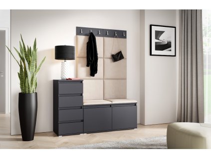 Předsíňová stěna s čalouněnými panely NEBRASKA 34 - Grafit / Tmavá krémová 2302