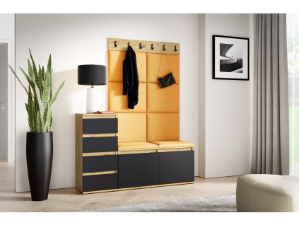 Předsíňová stěna s čalouněnými panely NEBRASKA 34 - Dub Artisan s černou /Hořčicová 2326