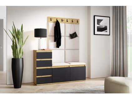 Předsíňová stěna s čalouněnými panely NEBRASKA 34 - Dub Artisan s černou /Krémová bílá 2301