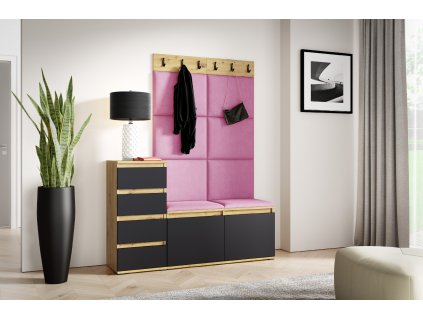 Předsíňová stěna s čalouněnými panely NEBRASKA 34 - Dub Artisan s černou /Růžová 2310