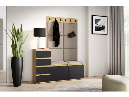 Předsíňová stěna s čalouněnými panely NEBRASKA 34 - Dub Artisan s černou /Světlá béžová 2303