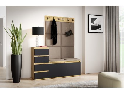 Předsíňová stěna s čalouněnými panely NEBRASKA 34 - Dub Artisan s černou /Tmavá béžová 2305