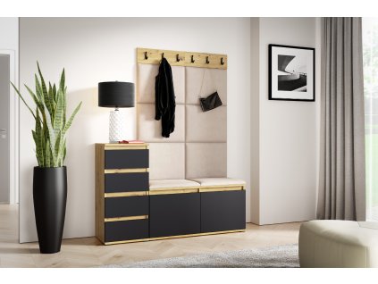 Předsíňová stěna s čalouněnými panely NEBRASKA 34 - Dub Artisan s černou /Tmavá krémová 2302