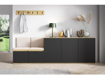 Předsíňová stěna s čalouněnými panely MINNESOTA 35 - Dub Artisan s černou / Tmavá krémová 2302