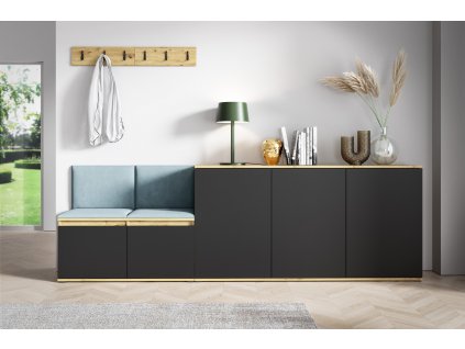 Předsíňová stěna s čalouněnými panely MINNESOTA 35 - Dub Artisan s černou / Světlá modrá 2322