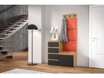 Předsíňová stěna s čalouněnými panely ARKANSAS 36 - Dub Artisan s černou / Oranžová 2317