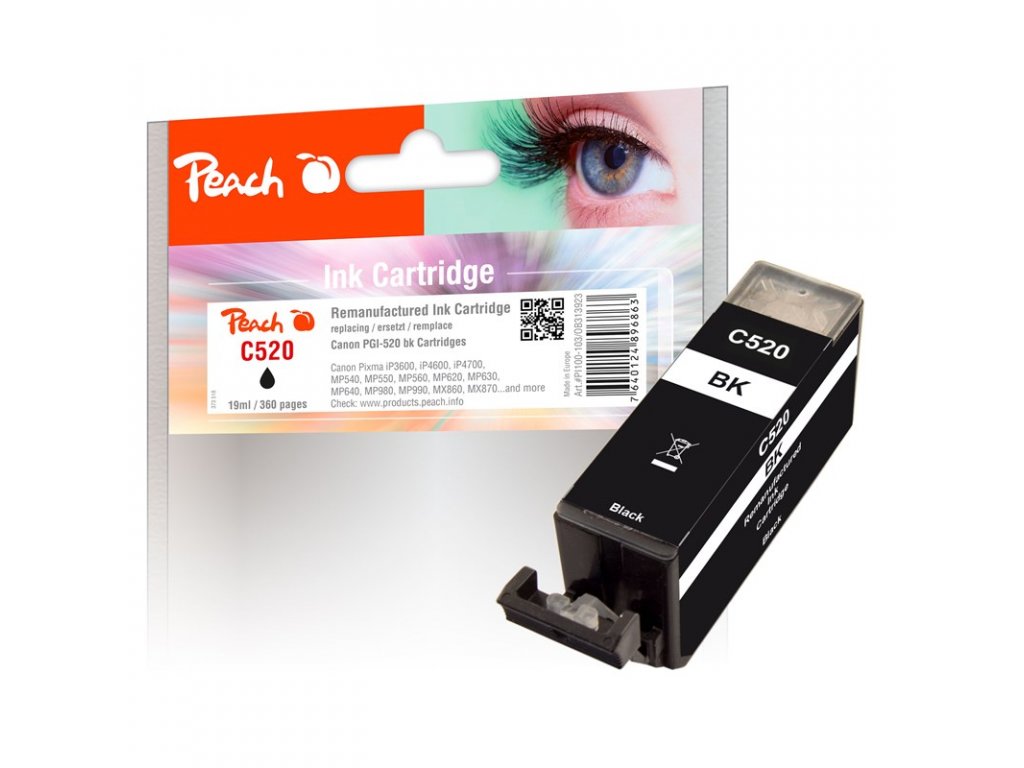 Inkoustová náplň Peach Canon PGI-520BK, 19 ml kompatibilní - černá
