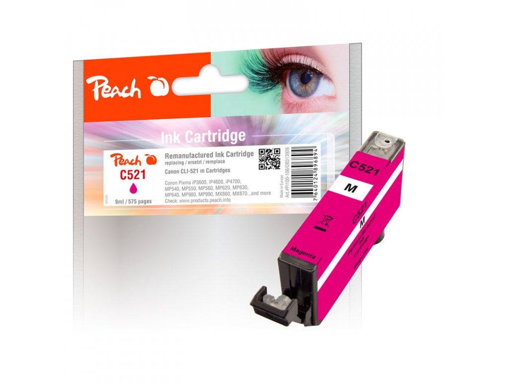 Inkoustová náplň Peach Canon CLI-521M, 9 ml kompatibilní - červená