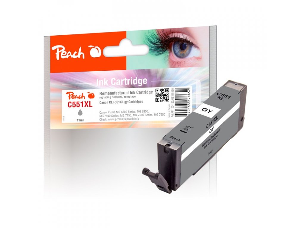 Inkoustová náplň Peach Canon CLI-551XL, 11 ml kompatibilní - šedá