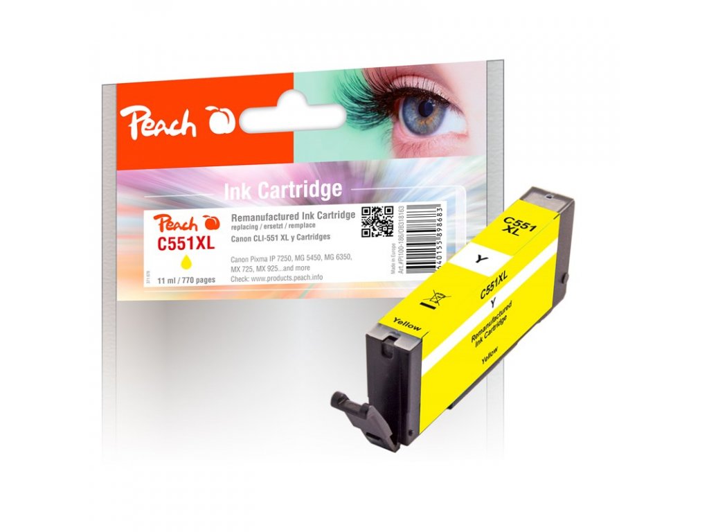Inkoustová náplň Peach Canon CLI-551XL, 11 ml kompatibilní - žlutá