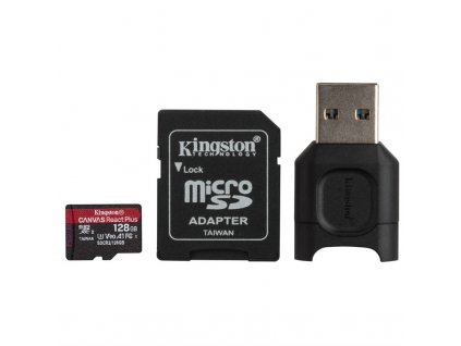 Paměťová karta Kingston Canvas React Plus MicroSDXC 128GB UHS-II U3 (285R/165W) + adaptér + čtečka
