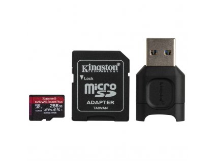 Paměťová karta Kingston Canvas React Plus MicroSDXC 256GB UHS-II U3 (285R/165W) + adaptér + čtečka