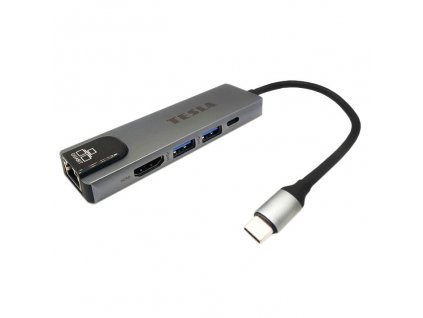 USB Hub Tesla Device MP80 5v1, USB-C/2x USB 3.0, USB-C, RJ45, HDMI - stříbrný