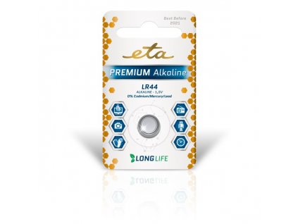 Baterie alkalická ETA PREMIUM ALKALINE LR44, blistr 1ks