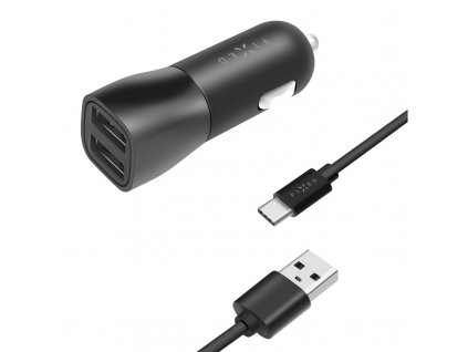 Adaptér do auta FIXED 2xUSB, 15W Smart Rapid Charge + USB-C kabel 1m - černý