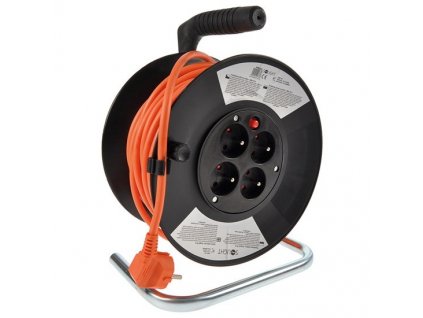 Kabel prodlužovací na bubnu Solight 4 zásuvky, 25m, 3x 1,0mm2 - černý/oranžový