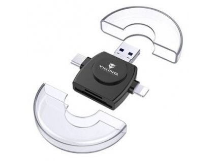 Čtečka paměťových karet Viking SD, Micro SD 4v1, OTG, s koncovkou Lightning/Micro USB/USB 3.0/USB-C - černá