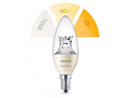Žárovka LED Philips SceneSwitch, svíčka, 2 - 4 - 5,5 W, E14, teplá bílá