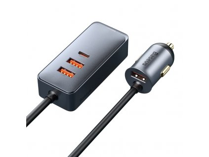 Adaptér do auta Baseus 3x USB, 1x USB-C 120W, s prodlužovacím kabelem 1,5 m - šedý