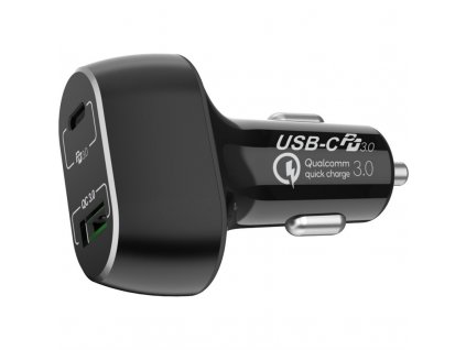 Adaptér do auta WG 1x USB QC 3.0, 1x USB-C PD 45W + USB-C kabel - černý