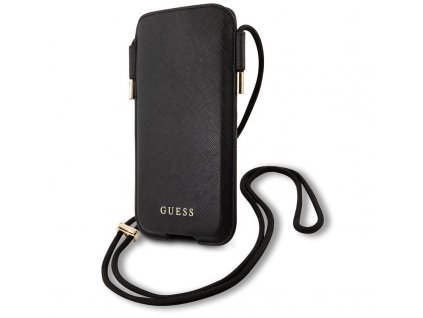 Pouzdro na mobil Guess Saffiano Pouch Script Logo L - černé