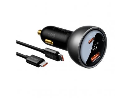 Adaptér do auta Baseus Digital Display Dual Fast Charger 140W, USB, USB-C + USB-C kabel 1m - černý