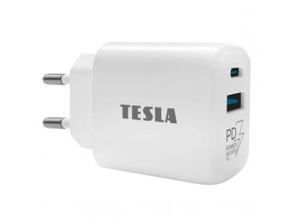 Nabíječka do sítě Tesla Power Charger T220, 1×USB, 1× USB-C 25 W PD 3.0 - bílá