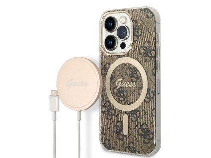 Kryt na mobil Guess 4G MagSafe na Apple iPhone 14 Pro + bezdrátová nabíječka - hnědý