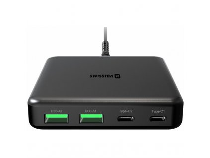 Nabíječka do sítě Swissten GaN 2x USB-C, 2x USB-A, 65 W, PD - černá