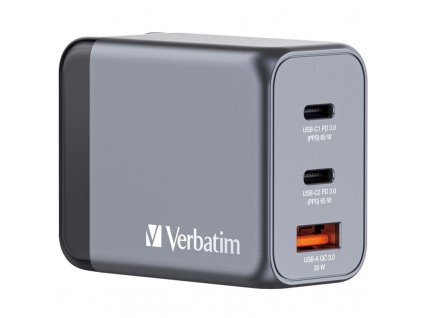 Nabíječka do sítě Verbatim GNC-65 GaN 65W, 2x USB-C PD 65W, 1x USB-A QC 3.0 - stříbrná