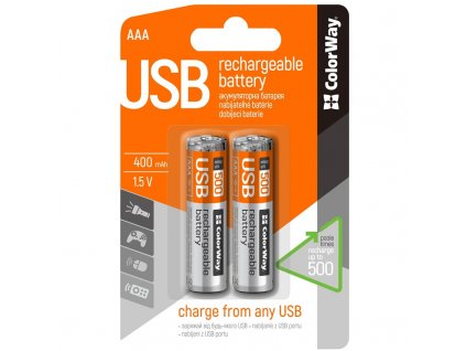 Baterie nabíjecí ColorWay AAA, 400mAh, micro USB, 1.5V, blistr 2ks